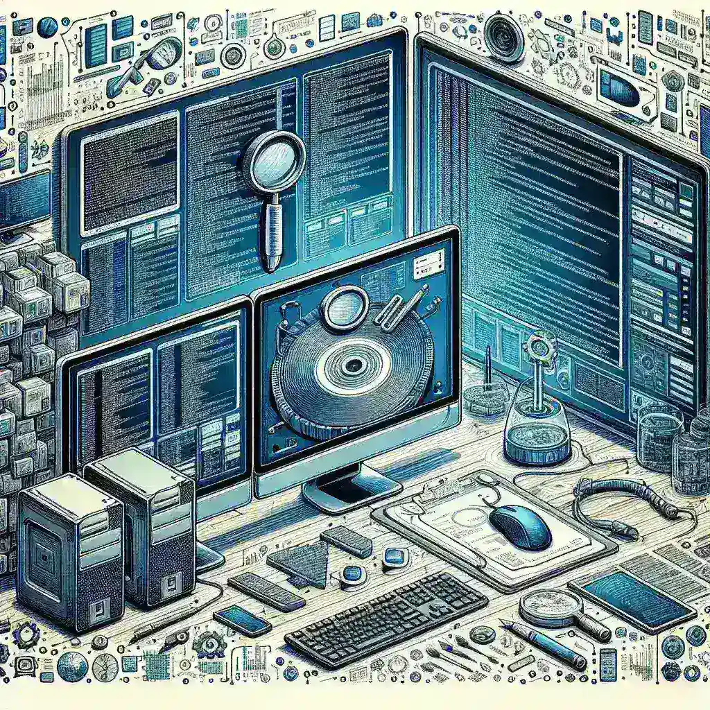 "Person using a computer with multiple screens displaying software tools for editing large log files, illustrating key features and functionalities discussed in the article 'Tools for Editing Large Log Files: A Comprehensive Guide.'"