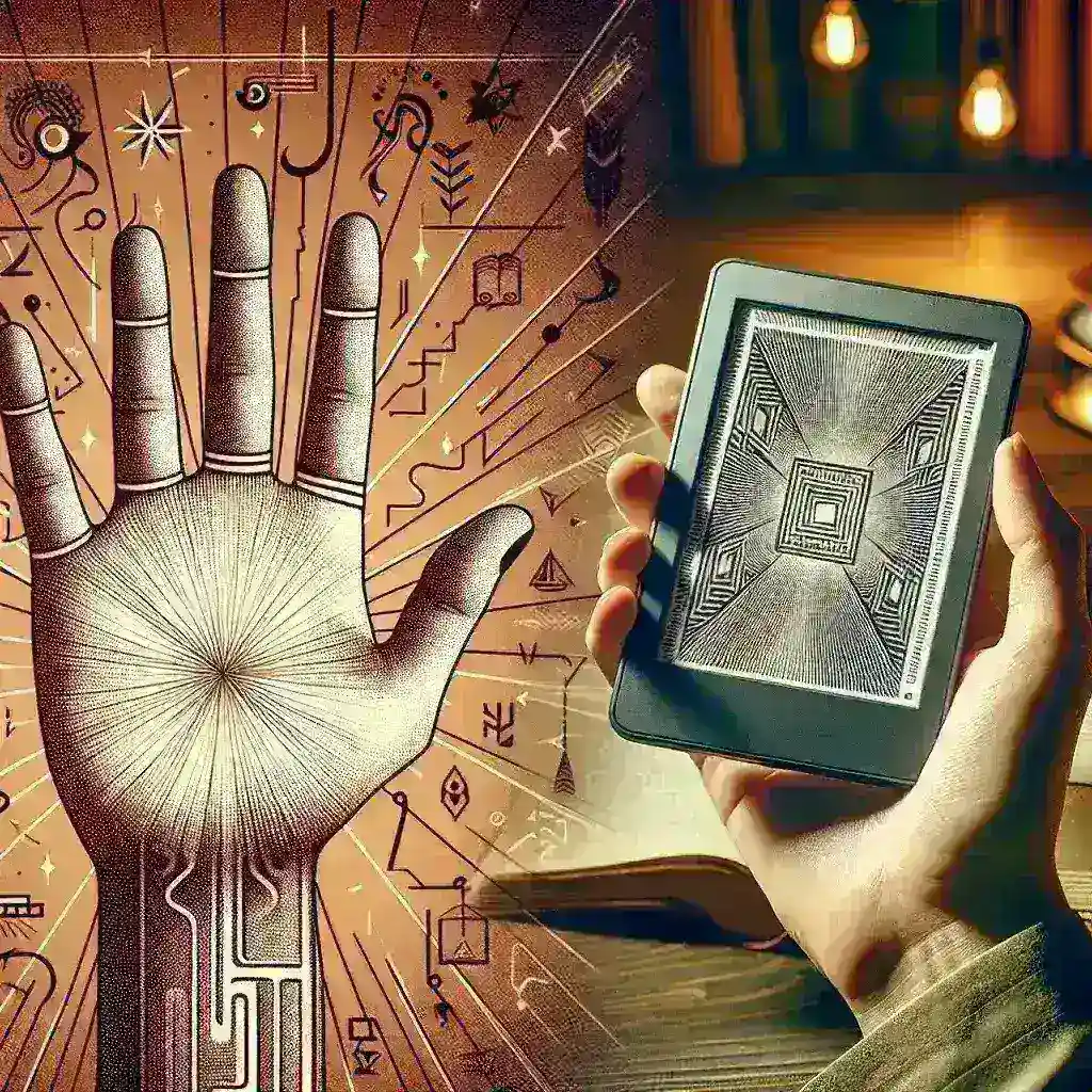 "Close-up of a unique micro e-reader named Paperini, designed for easy palm reading, showcasing its sleek design and digital interface, featured in a crowdfunding campaign."