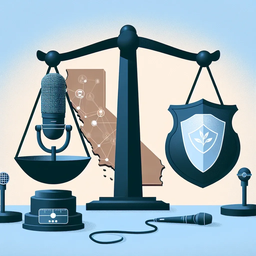 "AI voice cloning technology depicted in a regulatory context, highlighting California's new legislation addressing identity theft risks associated with advanced vocal mimicry capabilities."